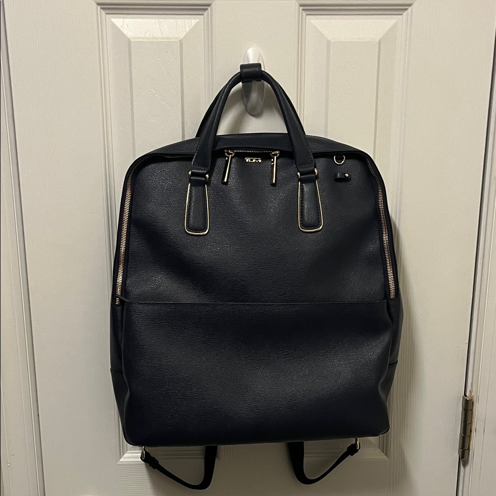 Tumi Black Leather Backpack with Gold Hardware